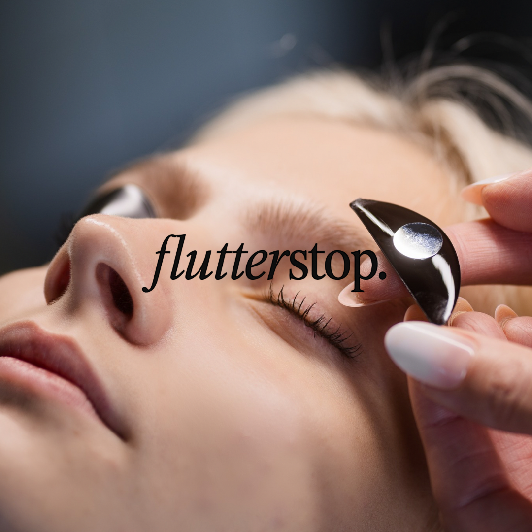 Flutterstop with metal disk displayed near client eye